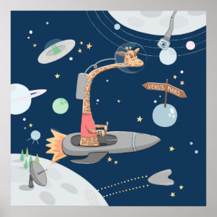 Giraffe im Weltraum. Planeten. Tierkinder-Kinderzi Poster