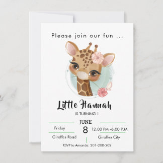 Giraffe in Aquarellmädchen Geburtstag Einladung