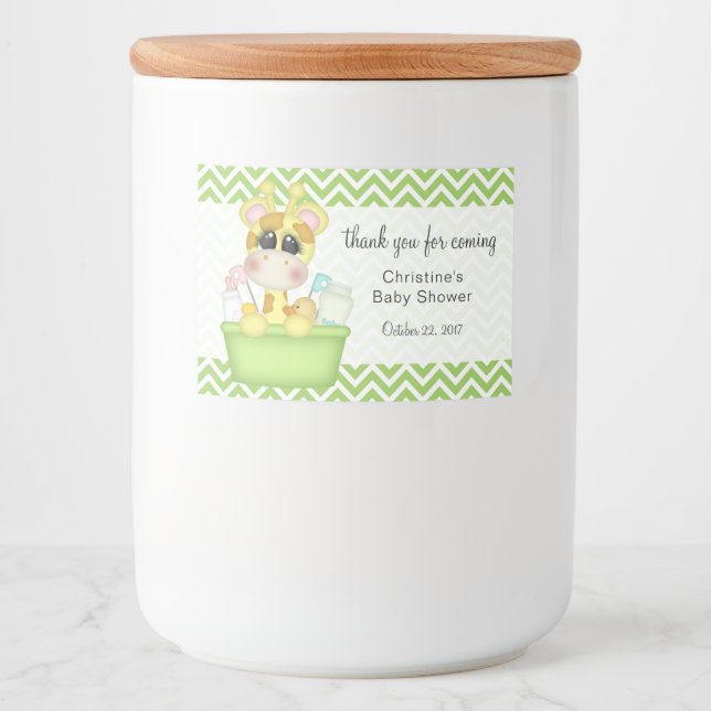 Giraffe in Bath Tub Babydusche Vielen Dank Lebensmitteletikett (Vorderseite)