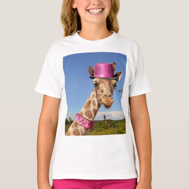 Giraffe in einem funkelnd rosa Hut T-Shirt (Vorderseite)