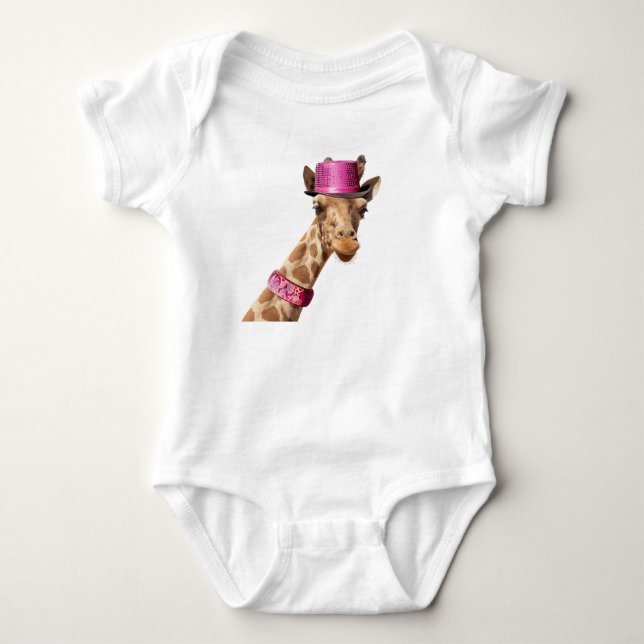 Giraffe in einem glänzenden rosa Hut Baby Strampler (Vorderseite)