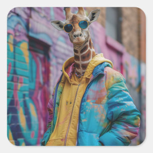Giraffe in einer Strandbekleidung mit Sonnenbrille Quadratischer Aufkleber