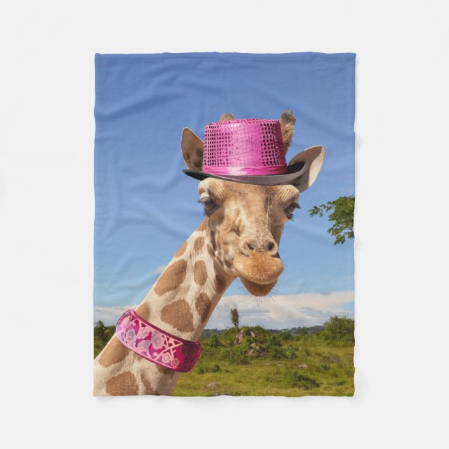 Giraffe in funkelnd-rosa Hut Fleecedecke (Vorderseite)
