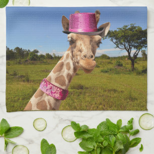 Giraffe in funkelnd-rosa Hut Geschirrtuch