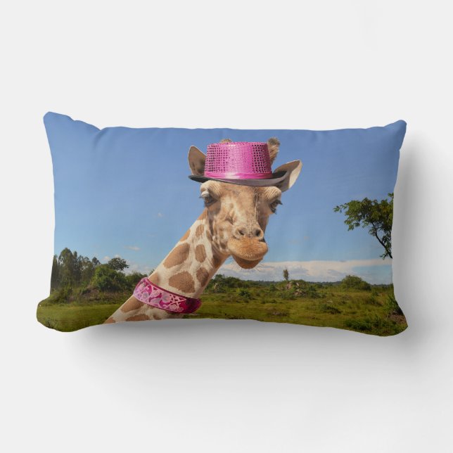 Giraffe in funkelnd-rosa Hut Lendenkissen (Vorderseite)
