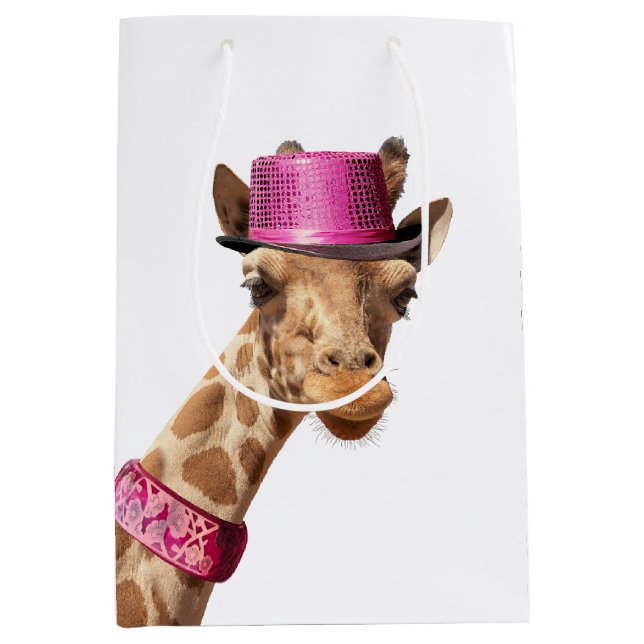 Giraffe in funkelnd-rosa Hut Mittlere Geschenktüte (Vorderseite)