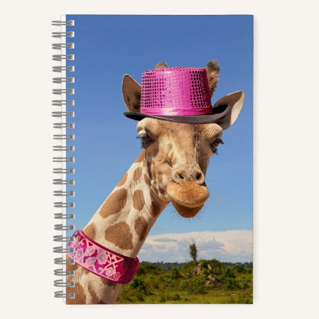 Giraffe in funkelnd-rosa Hut Notizbuch (Vorderseite)