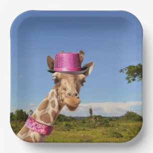 Giraffe in funkelnd-rosa Hut Pappteller