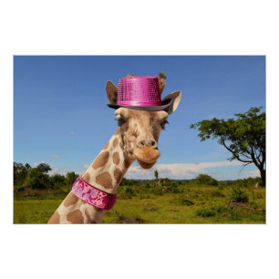 Giraffe in funkelnd-rosa Hut Poster