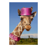 Giraffe in funkelnd-rosa Hut