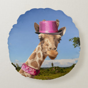 Giraffe in funkelnd-rosa Hut Rundes Kissen