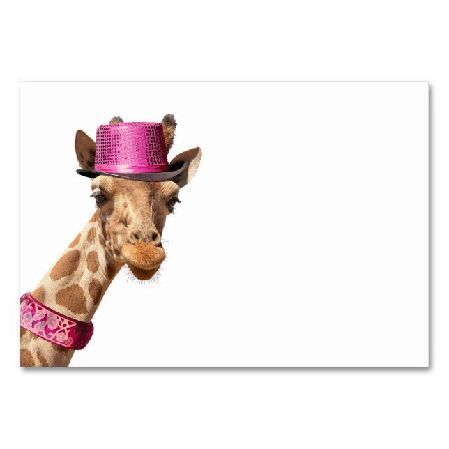 Giraffe in funkelnd-rosa Hut Tischnummer (Vorderseite)