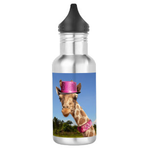 Giraffe in funkelnd rosa Hut Wasserflasche