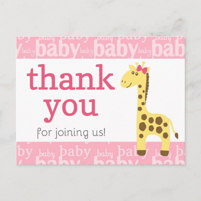 Giraffe in Pink Bow Babydusche für Mädchen Danke Postkarte (Vorderseite)