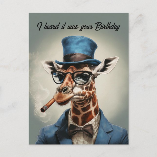Giraffe in Top-Hut und Jacke Glücklicher Geburtsta Postkarte (Vorderseite)