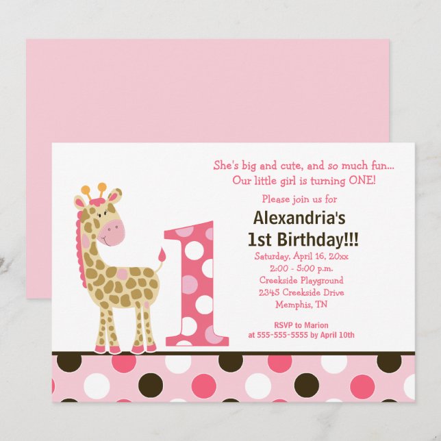 Giraffe Jungle rose 1er Invitation anniversaire 5x (Devant / Derrière)