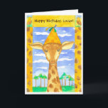 Giraffe Kids Happy Birthday Individuelle Name Karte<br><div class="desc">Ein lustiger individuelle Name,  der eine Geburtstagskarte mit einer süßen Giraffe in einem orangefarbenen Party mit einem ruhigen blauen Himmel mit Wolken und einer friedlichen grünen Landschaft,  illustriert mit Wasserfarbe,  begrüßt. Sie können den Text an Ihre Bedürfnisse anpassen.</div>