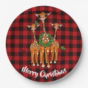Giraffe, Kranz, Roter Tartan kariert Pappteller
