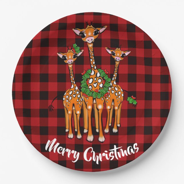 Giraffe, Kranz, Roter Tartan kariert Pappteller (Vorderseite)