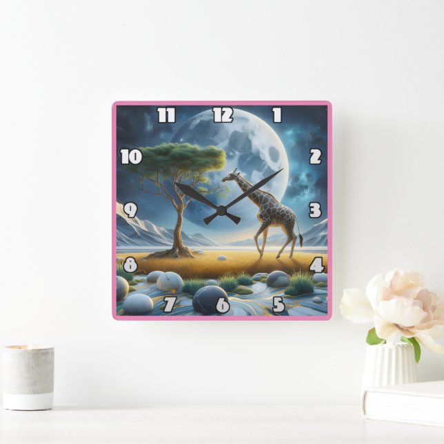 Giraffe lief anmutig unter einem strahlenden Mond Quadratische Wanduhr (Zuhause)