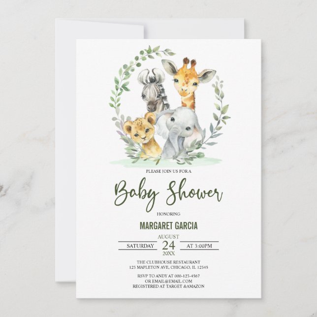 Giraffe Lion Safari Jungle Animals Baby Shower Einladung (Vorderseite)