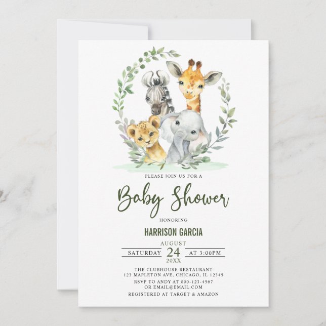 Giraffe Lion Safari Jungle Animals Baby Shower Einladung (Vorderseite)