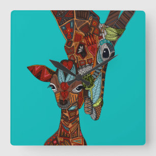 giraffe love turquoise quadratische wanduhr