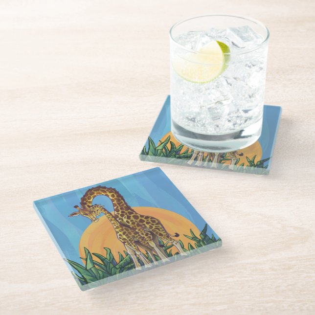 Giraffe Mama und Baby Art Glasuntersetzer (Schrägansicht)