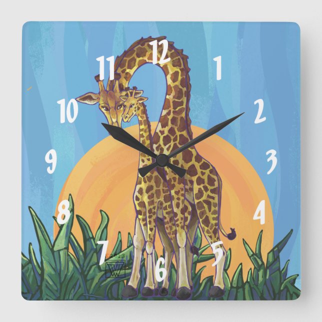 Giraffe Mama und Baby Quadratische Wanduhr (Vorderseite)