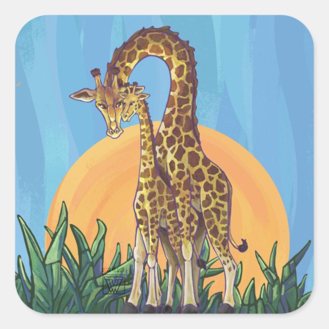 Giraffe Mama und Baby Quadratischer Aufkleber (Vorderseite)
