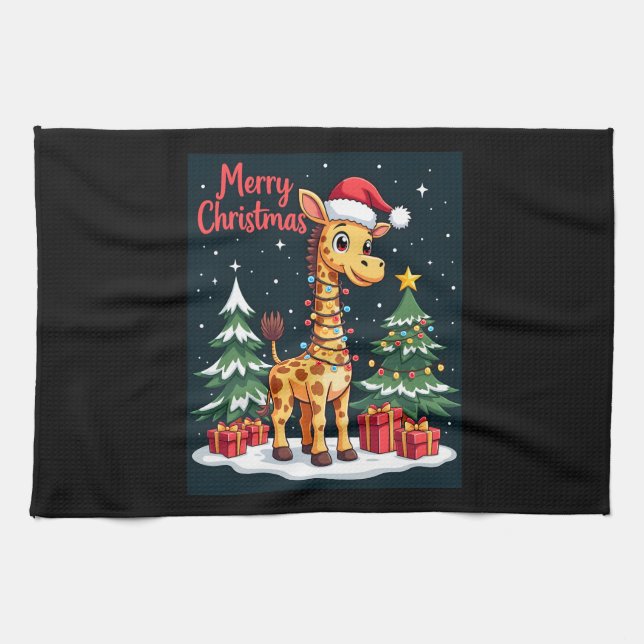 Giraffe Merry Christmas Tree Lighting Santa Giraff Geschirrtuch (Horizontal)