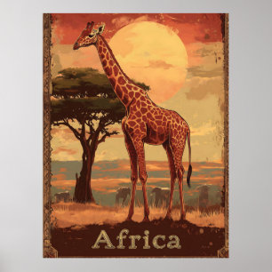 Giraffe mit afrikanischem Sonnenuntergang - Vintag Poster