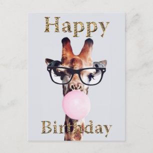 Giraffe mit Brille bläst rosa Kaugummi Postkarte
