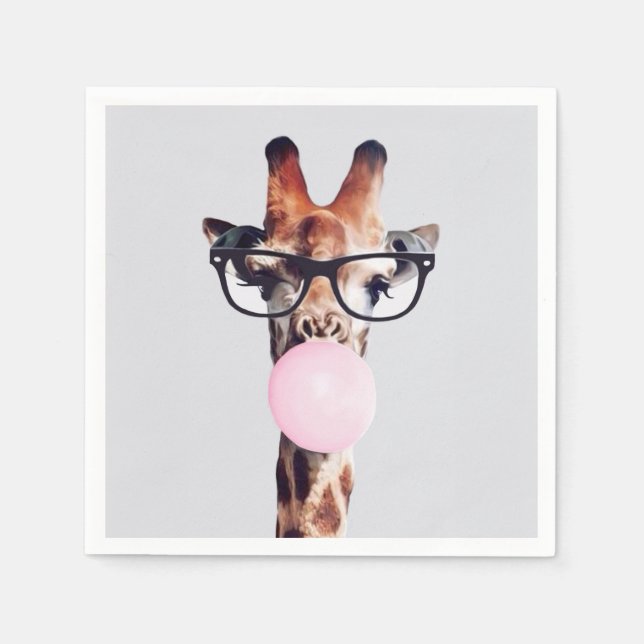 Giraffe mit Brille, die ein rosa Kaugummi bläst Serviette (Vorderseite)