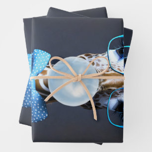 Giraffe mit Brille, Krawatte mit Bugs, blauer Kaug Geschenkpapier Set
