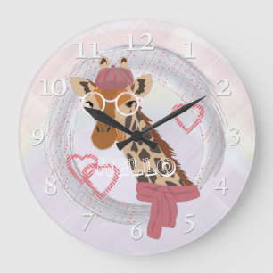 Giraffe mit Brille und roter Bettdecke Große Wanduhr