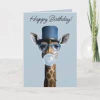 Giraffe mit Brille, Zylinder und blauem Kaugummi