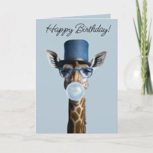Giraffe mit Brille, Zylinder und blauem Kaugummi Karte