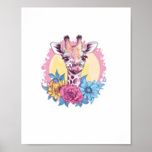 Giraffe mit farbenprächtigem Blumenhintergrund Poster