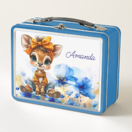 Giraffe mit Punkten-Schleife und blauen Mohnblumen Metall Brotdose