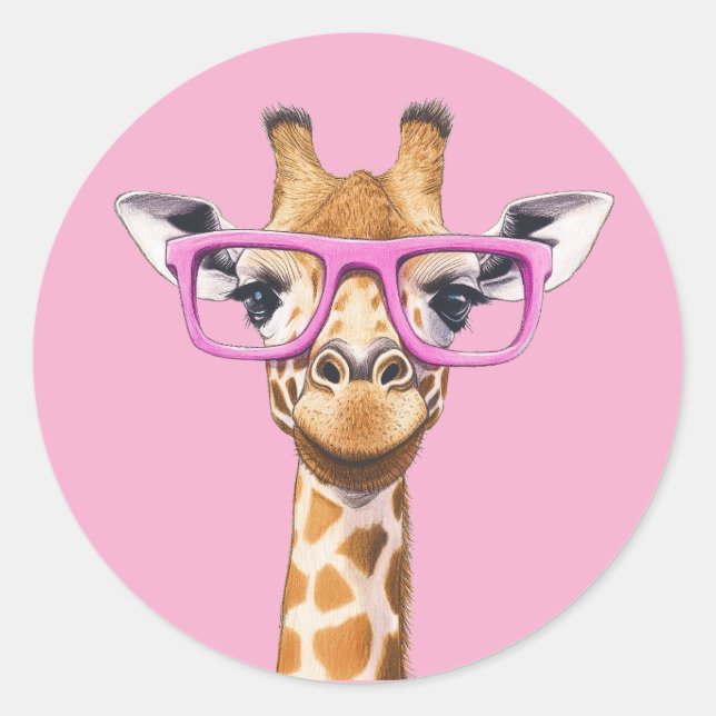 Giraffe mit rosa Brille Light Pink BG Sticker (Vorderseite)