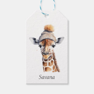 Giraffe mit Winterhut, individualisierbares Poster Geschenkanhänger