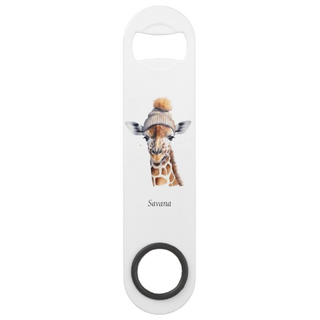 Giraffe mit Wintermütze individuell anpassbar Speed Flaschenöffner (Vorderseite)