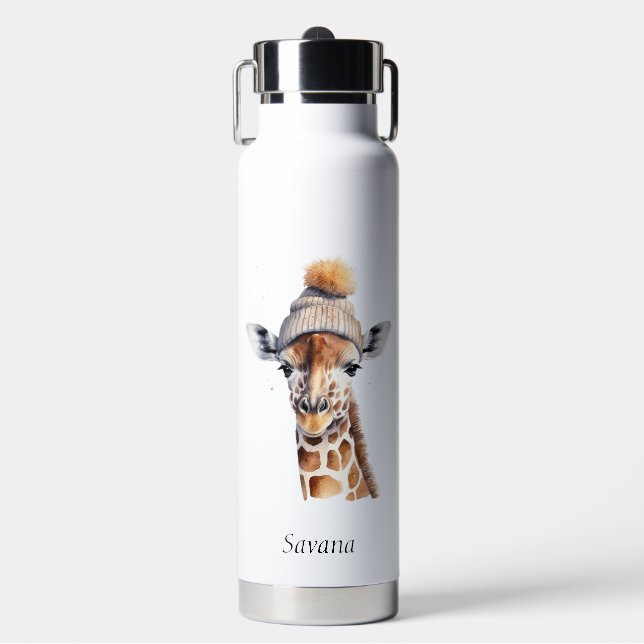 Giraffe mit Wintermütze individuell anpassbar Trinkflasche (Vorderseite)