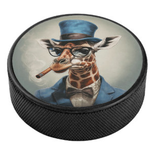 Giraffe mit Zylinderhut raucht eine Zigarre Eishockey Puck