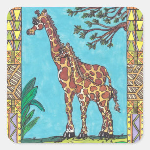 Giraffe-Mum- und Babyaufkleber Quadratischer Aufkleber