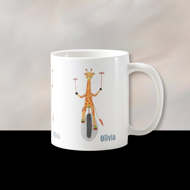 Giraffe on a Unicycle Kid Mug with Name Kaffeetasse (Fun cartoon giraffe on a unicycle kid personalized mug . )