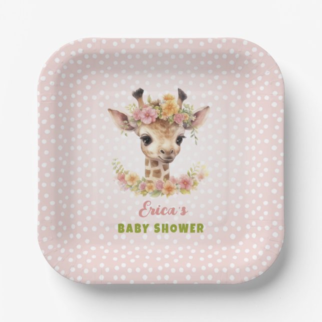 Giraffe Pink Baby Girl Dusche Sprinkle Wilder Dsch Pappteller (Vorderseite)