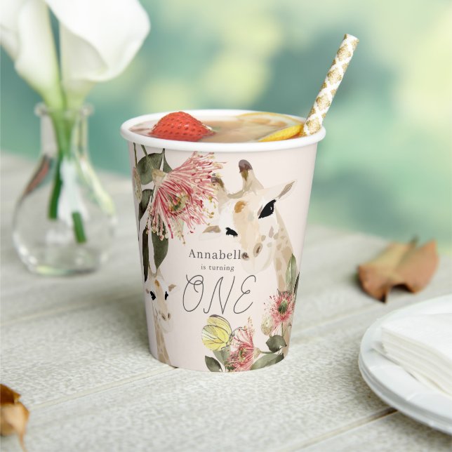 Giraffe Pink Floral Girl 1. Geburtstag Pappbecher (In Situ)