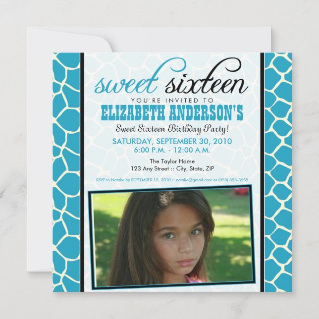 Giraffe Print Sweet 16 Party Einladung (Aqua) (Vorderseite)